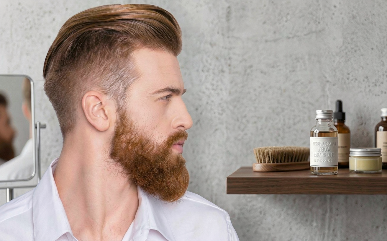 Professional barber showcasing modern men hairstyle and beard trim
