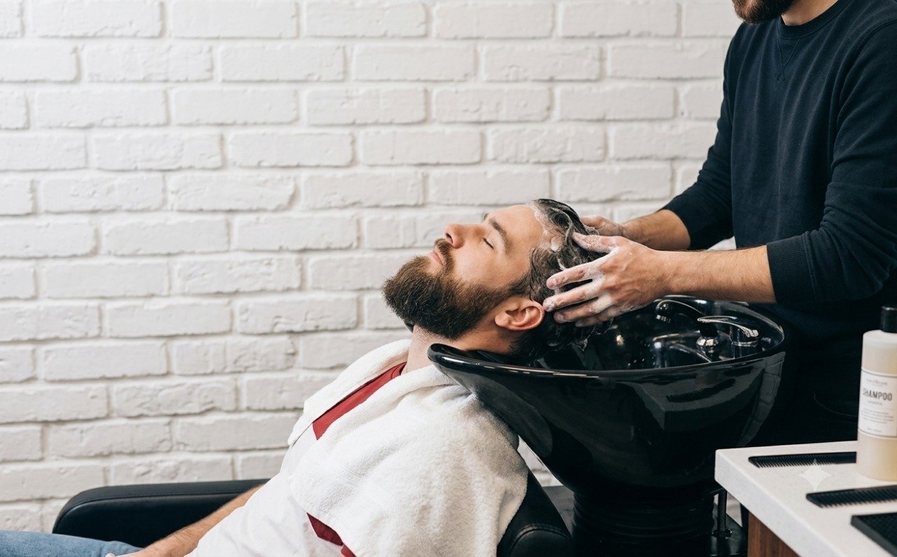 Hairdresser washing client hair in a black salon sink