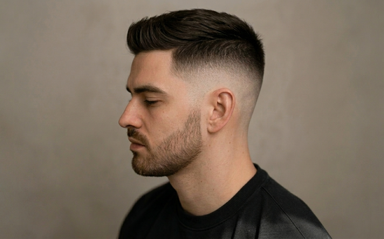 Sharp high fade haircut with textured top and groomed beard