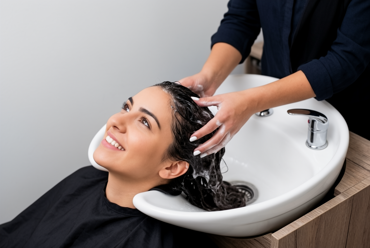 Woman enjoying a relaxing hair wash and scalp massage