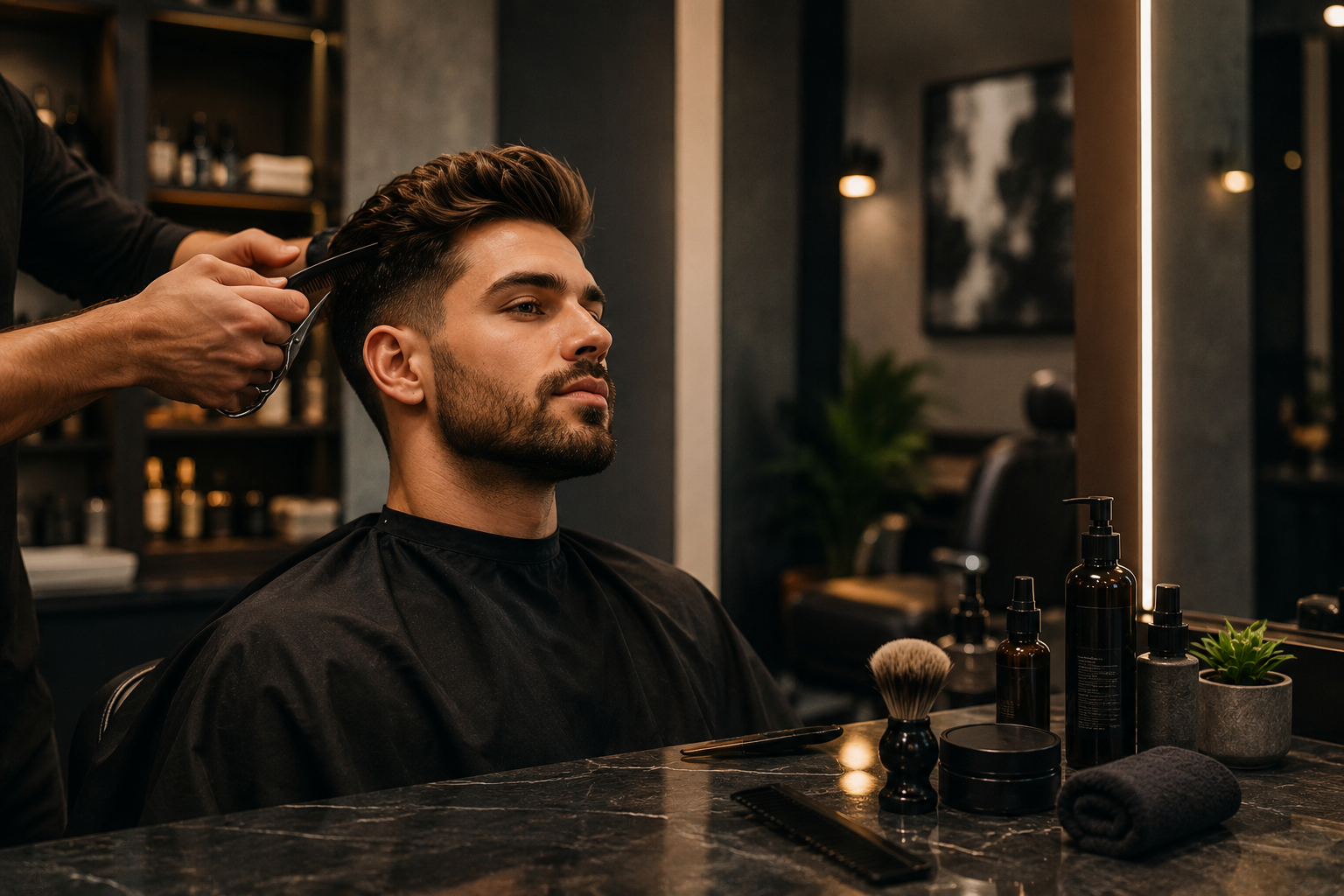 Men's haircut and beard grooming at a professional salon
